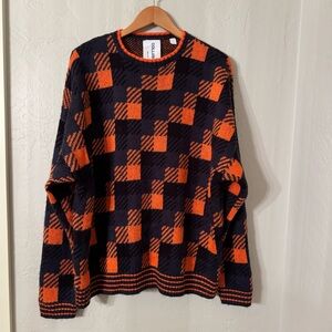 Collusion Men's Crewneck Knit Orange‎ & Black Checkered Oversize Sweater Size M